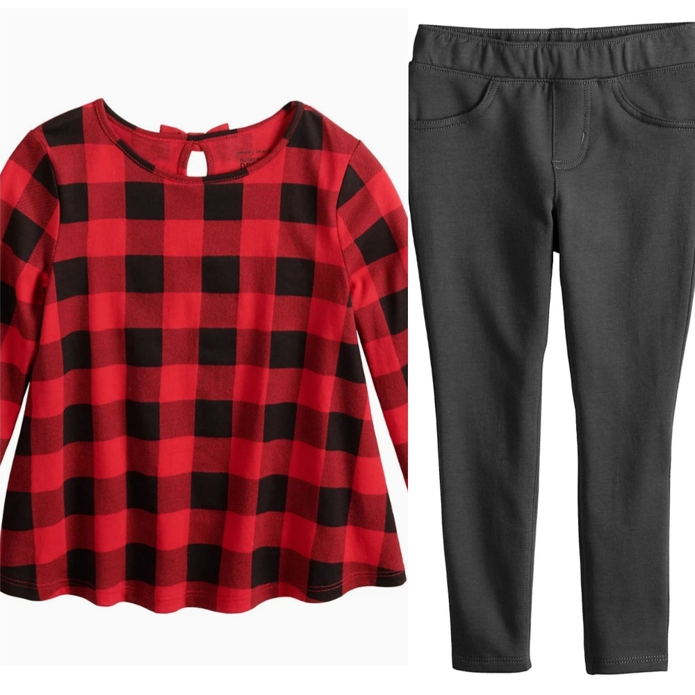 Adorable Red & Black Plaid Bow-Back Swing Top w/Jeggings Outfit NWT!